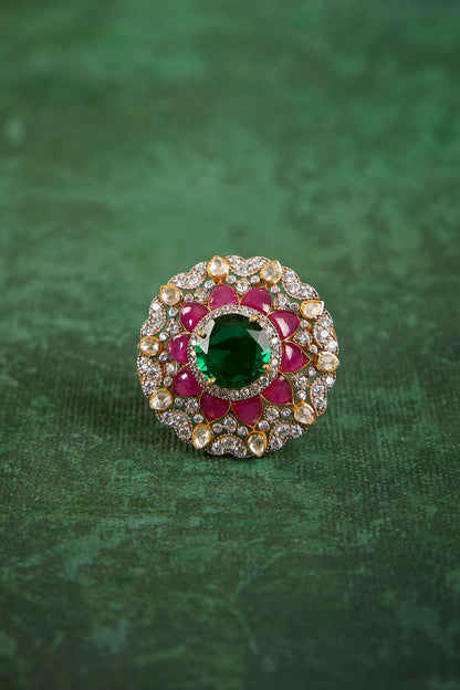 Gold Plated Kundan Polki & Ruby Stone Ring In Sterling Silver