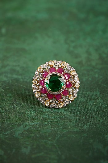 Gold Plated Kundan Polki & Ruby Stone Ring In Sterling Silver