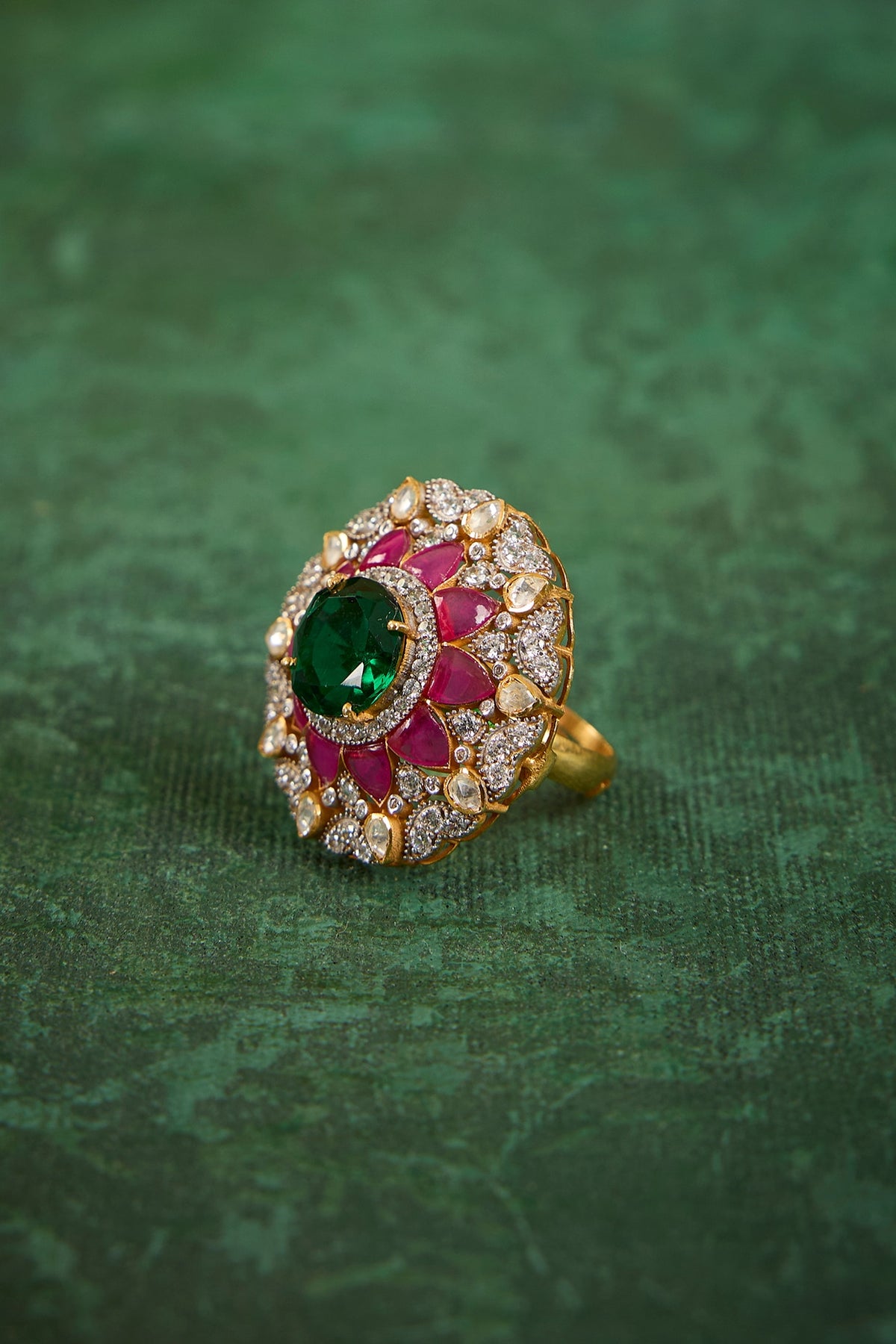 Gold Plated Kundan Polki & Ruby Stone Ring In Sterling Silver