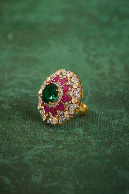 Gold Plated Kundan Polki & Ruby Stone Ring In Sterling Silver