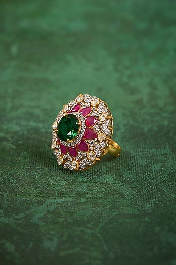 Gold Plated Kundan Polki & Ruby Stone Ring In Sterling Silver