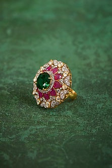Gold Plated Kundan Polki & Ruby Stone Ring In Sterling Silver