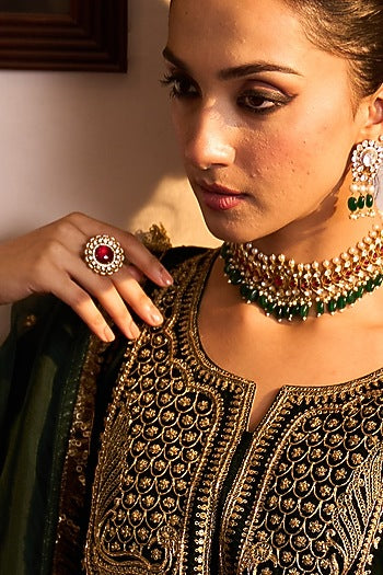 Gold Plated Kundan Polki & Ruby Stone Ring In Sterling Silver