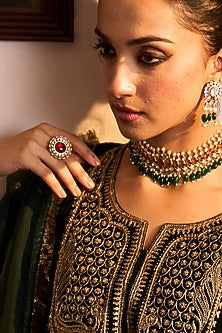 Gold Plated Kundan Polki & Ruby Stone Ring In Sterling Silver