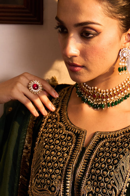 Gold Plated Kundan Polki & Ruby Stone Ring In Sterling Silver