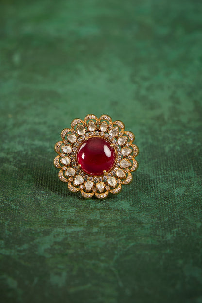 Gold Plated Kundan Polki & Ruby Stone Ring In Sterling Silver
