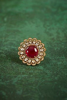 Gold Plated Kundan Polki & Ruby Stone Ring In Sterling Silver