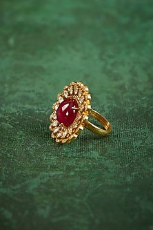 Gold Plated Kundan Polki & Ruby Stone Ring In Sterling Silver