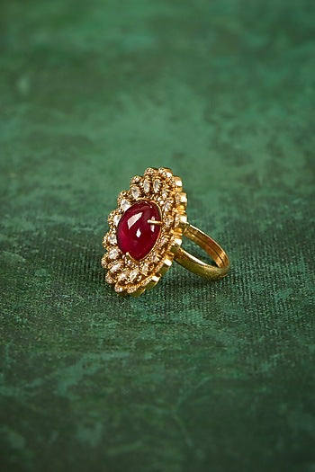 Gold Plated Kundan Polki & Ruby Stone Ring In Sterling Silver