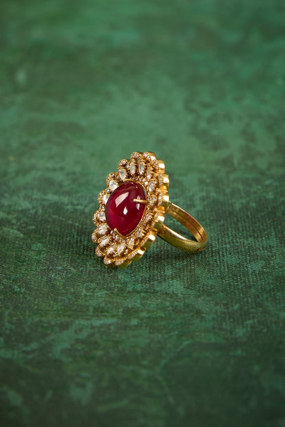 Gold Plated Kundan Polki & Ruby Stone Ring In Sterling Silver