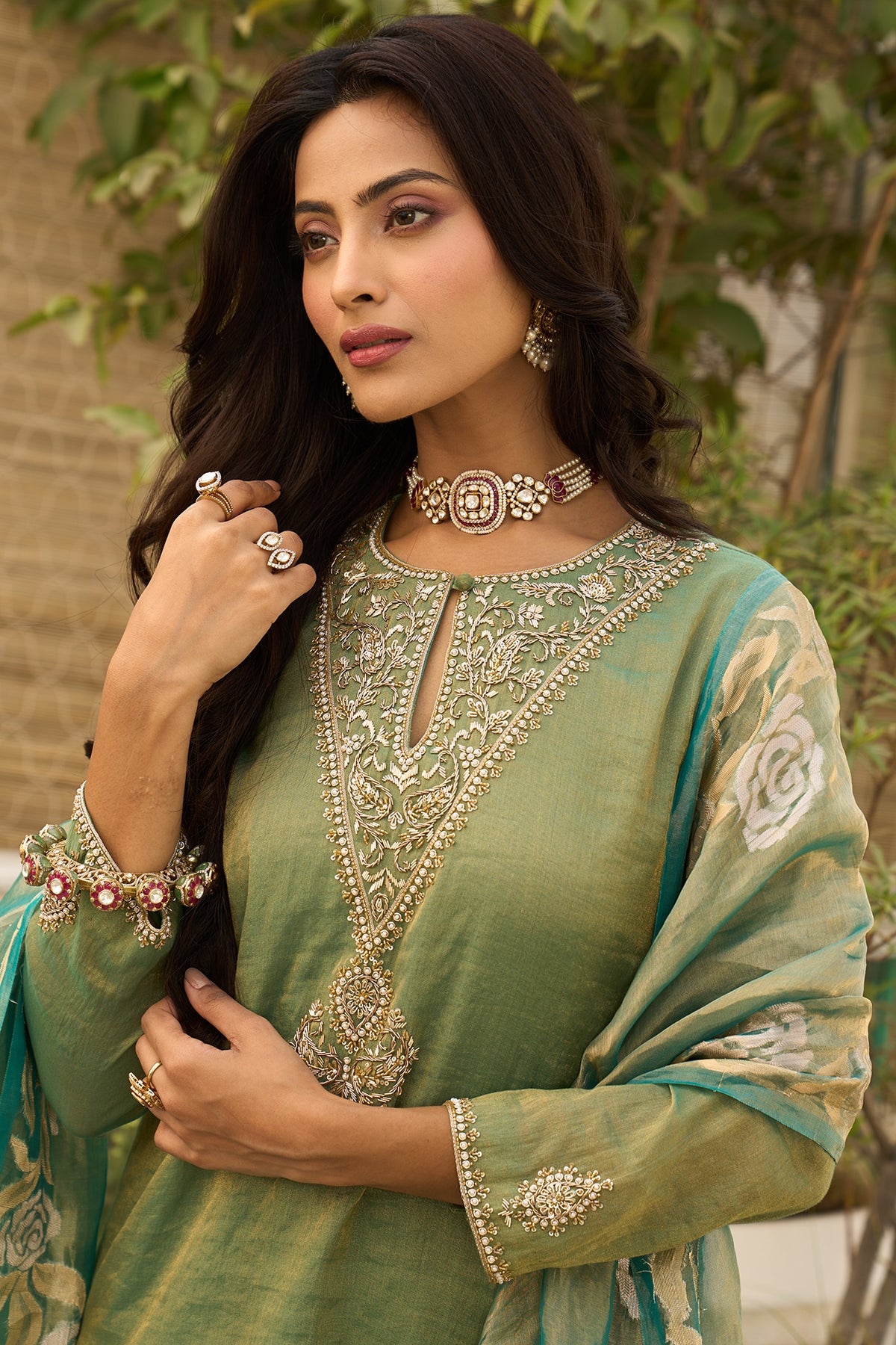 Gold Plated Kundan Polki & Ruby Stone Kada In Sterling Silver