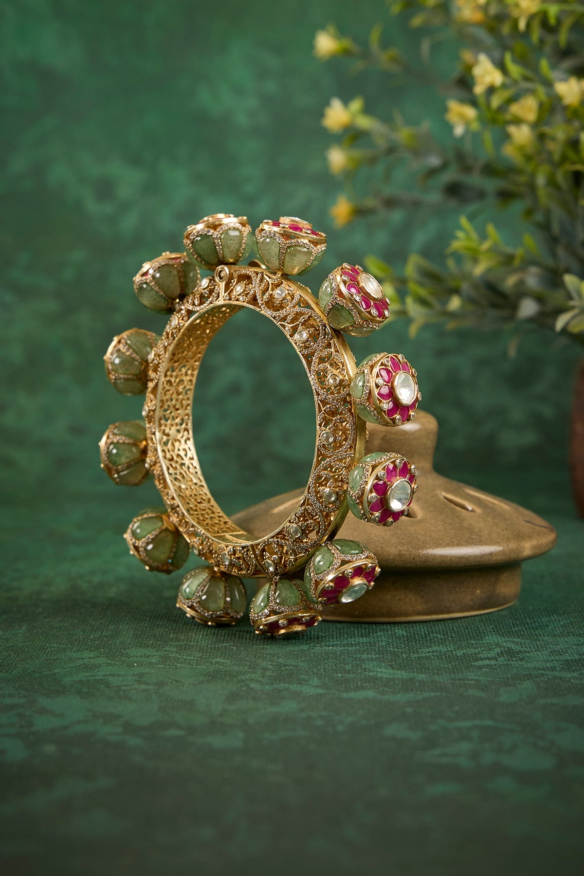 Gold Plated Kundan Polki & Ruby Stone Kada In Sterling Silver