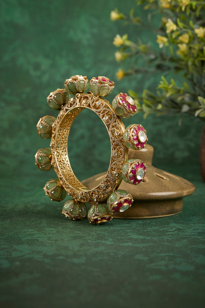 Gold Plated Kundan Polki & Ruby Stone Kada In Sterling Silver