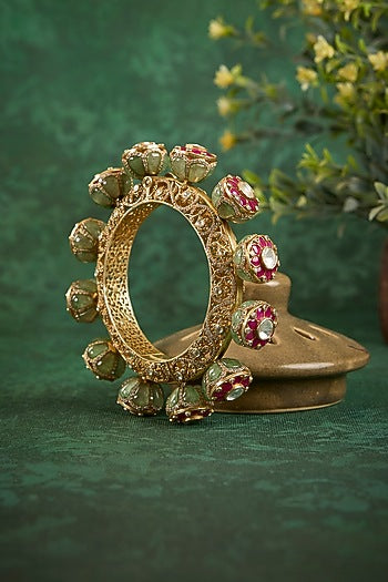 Gold Plated Kundan Polki & Ruby Stone Kada In Sterling Silver