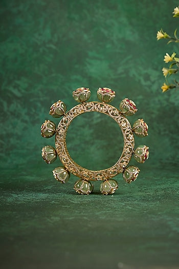 Gold Plated Kundan Polki & Ruby Stone Kada In Sterling Silver