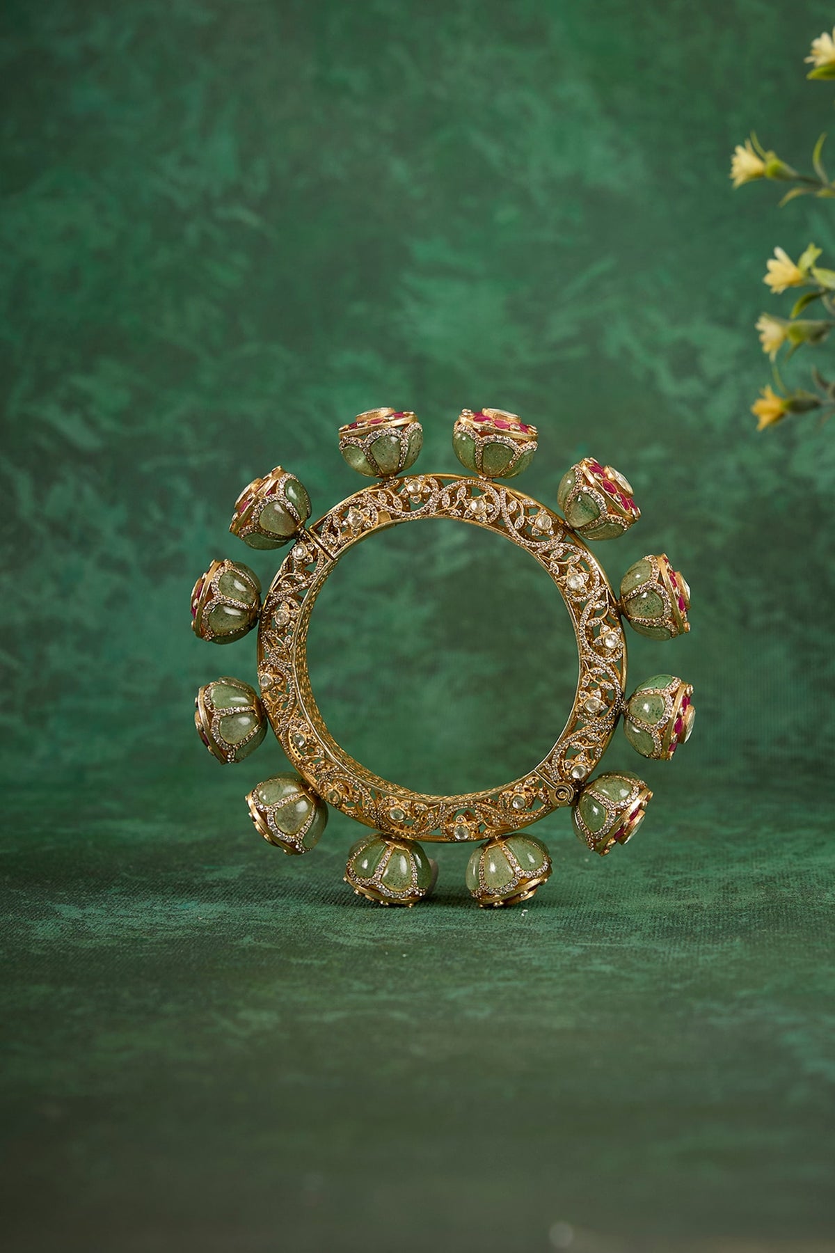 Gold Plated Kundan Polki & Ruby Stone Kada In Sterling Silver
