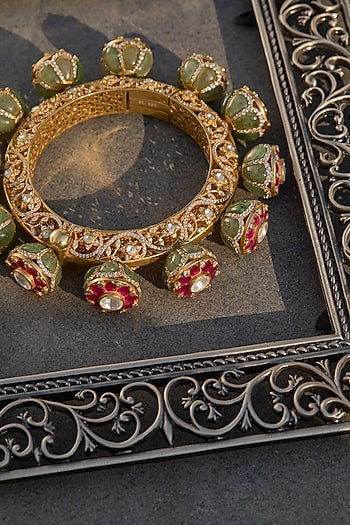 Gold Plated Kundan Polki & Ruby Stone Kada In Sterling Silver