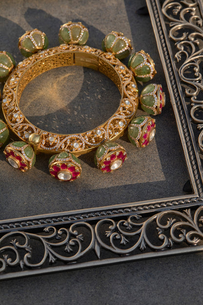 Gold Plated Kundan Polki & Ruby Stone Kada In Sterling Silver