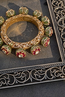 Gold Plated Kundan Polki & Ruby Stone Kada In Sterling Silver
