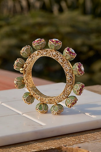 Gold Plated Kundan Polki & Ruby Stone Kada In Sterling Silver