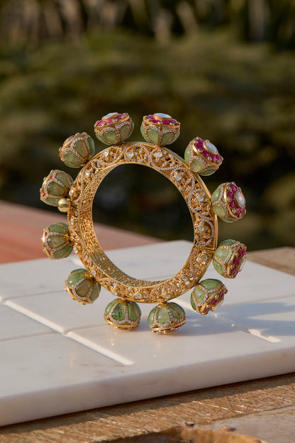 Gold Plated Kundan Polki & Ruby Stone Kada In Sterling Silver
