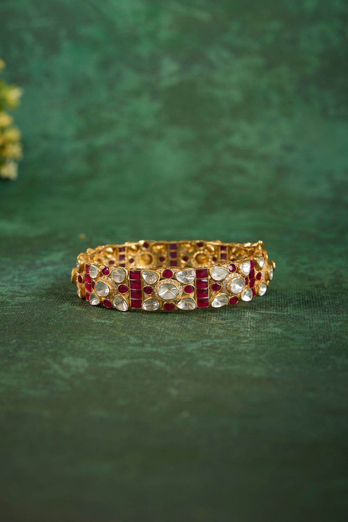 Gold Plated Kundan Polki & Ruby Stone Kada In Sterling Silver