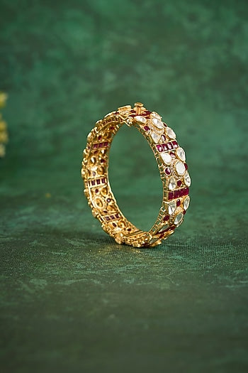 Gold Plated Kundan Polki & Ruby Stone Kada In Sterling Silver