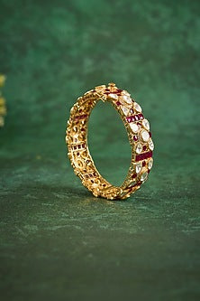 Gold Plated Kundan Polki & Ruby Stone Kada In Sterling Silver