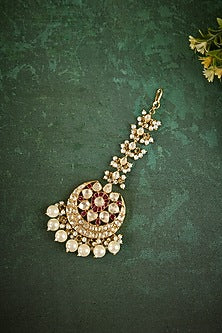 Gold Plated Kundan Polki & Ruby Stone Maangtikka In Sterling Silver