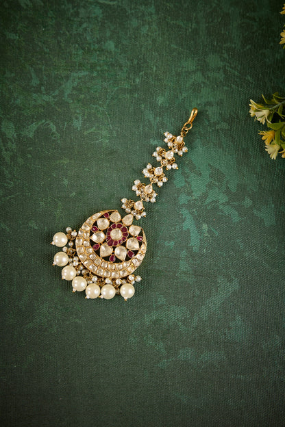 Gold Plated Kundan Polki & Ruby Stone Maangtikka In Sterling Silver