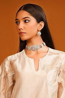 Gold Plated Kundan Polki & Ruby Stone Choker Necklace In Sterling Silver