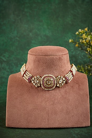 Gold Plated Kundan Polki & Ruby Stone Choker Necklace In Sterling Silver