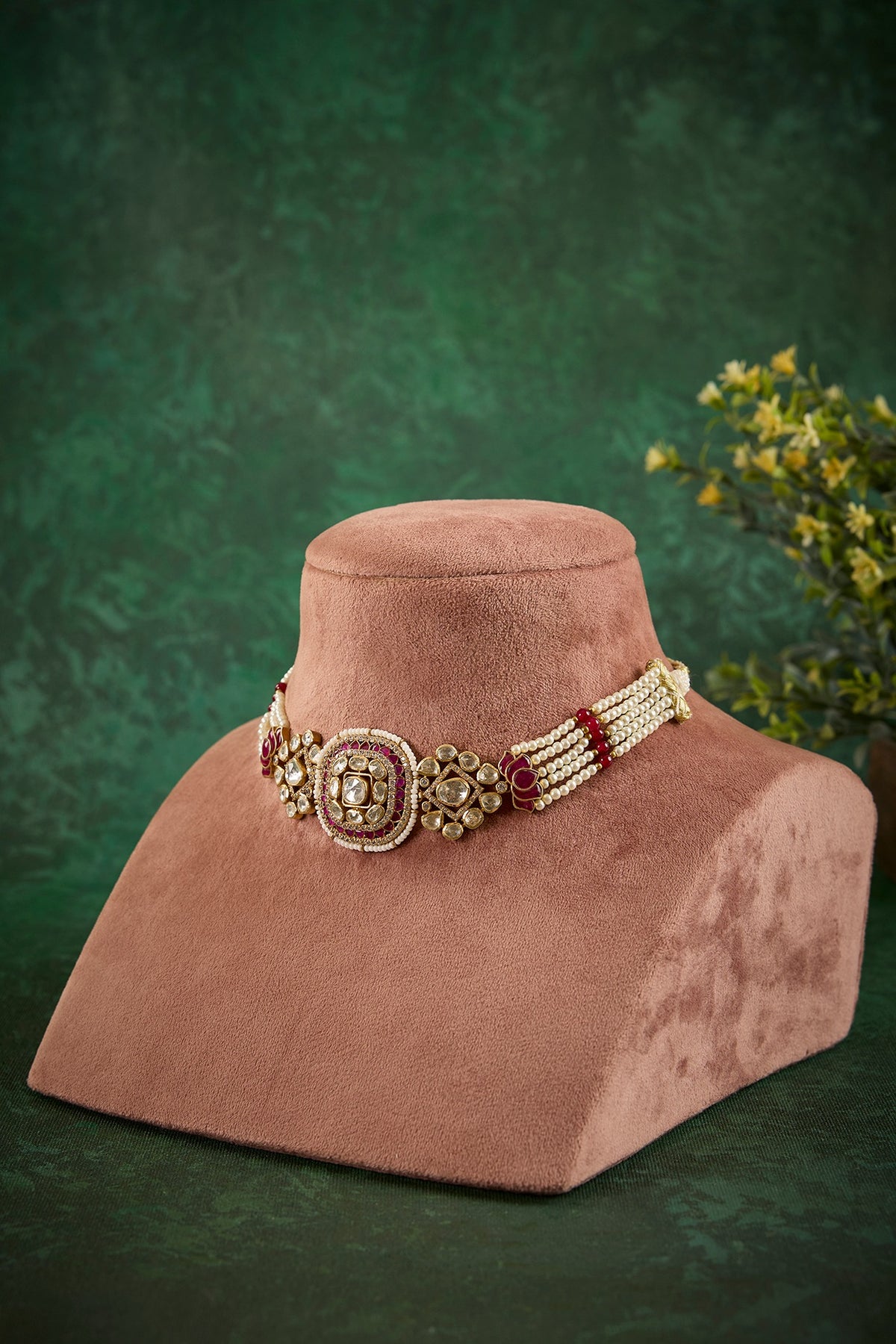 Gold Plated Kundan Polki & Ruby Stone Choker Necklace In Sterling Silver
