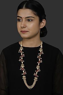 Gold Finish Kundan Polki & Pearl Mala Necklace In Sterling Silver