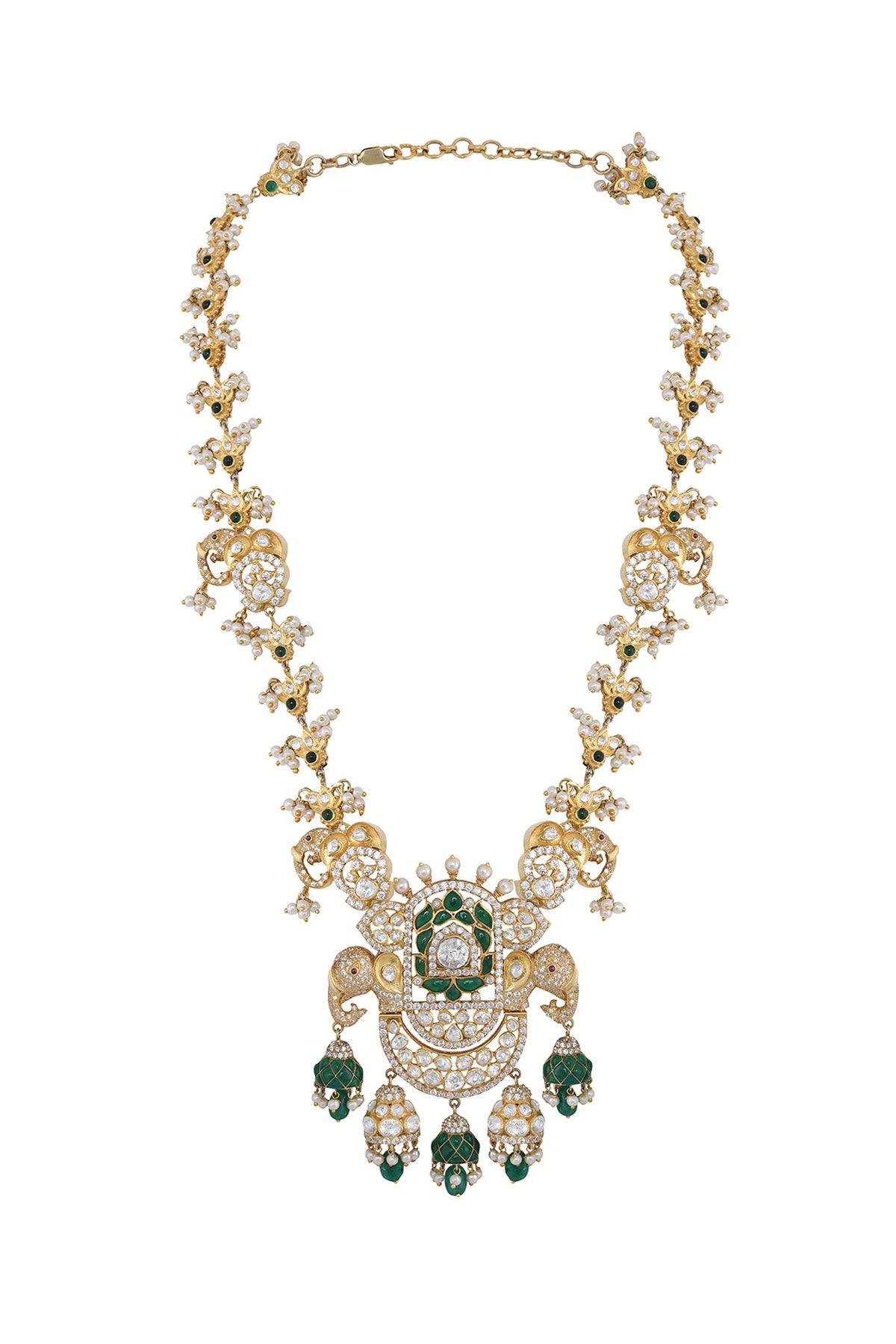 Gold Finish Kundan Polki & Pearl Pendant Necklace In Sterling Silver