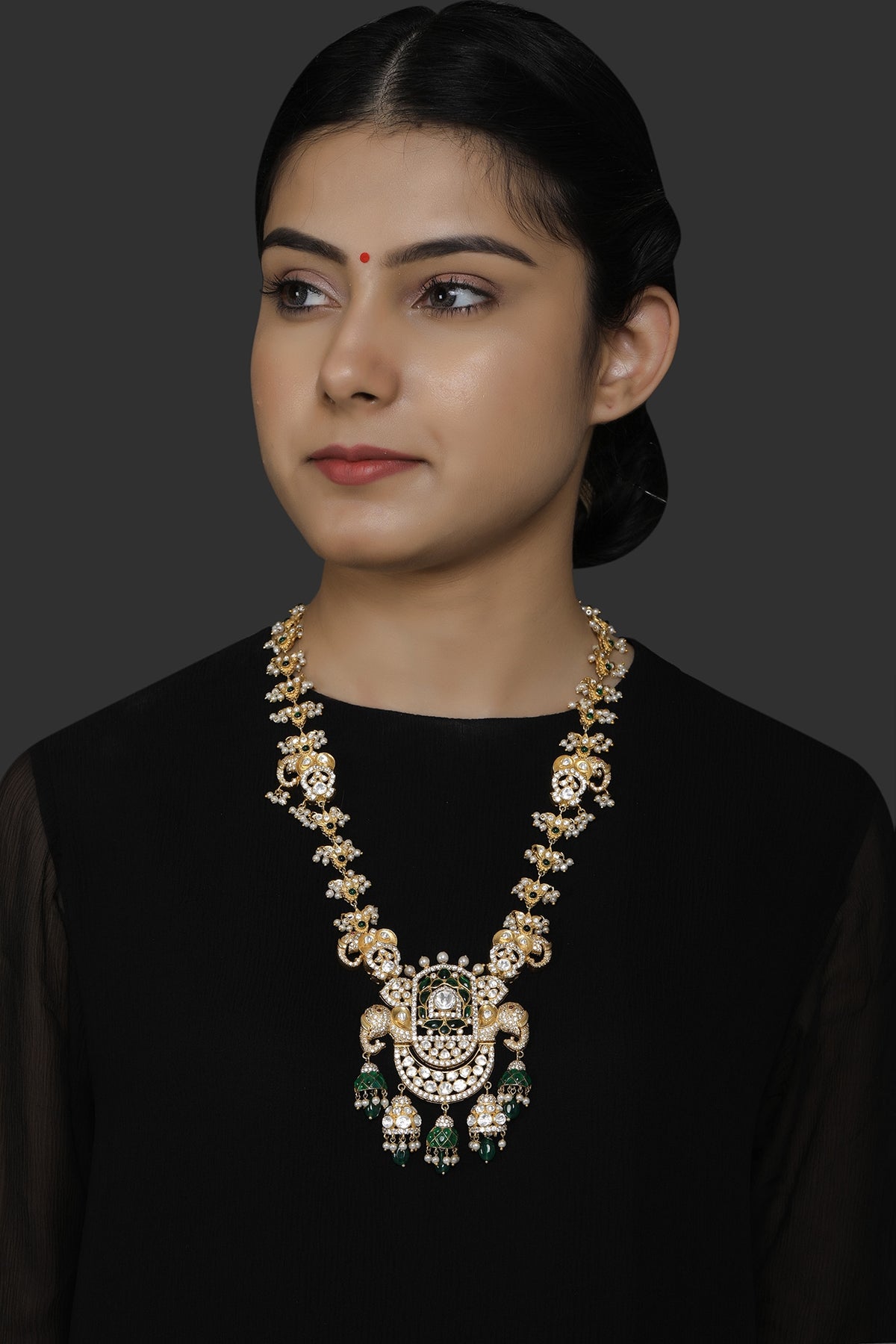 Gold Finish Kundan Polki & Pearl Pendant Necklace In Sterling Silver