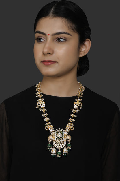 Gold Finish Kundan Polki & Pearl Pendant Necklace In Sterling Silver