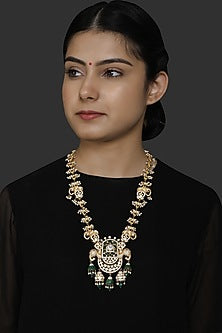Gold Finish Kundan Polki & Pearl Pendant Necklace In Sterling Silver