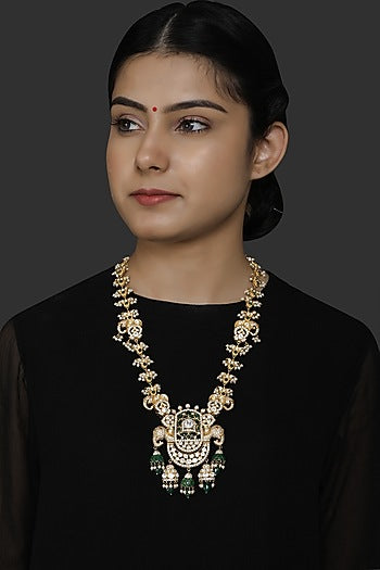 Gold Finish Kundan Polki & Pearl Pendant Necklace In Sterling Silver
