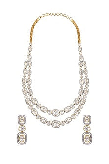 Gold Finish Diamond Double Line Necklace Set In Sterling Silver