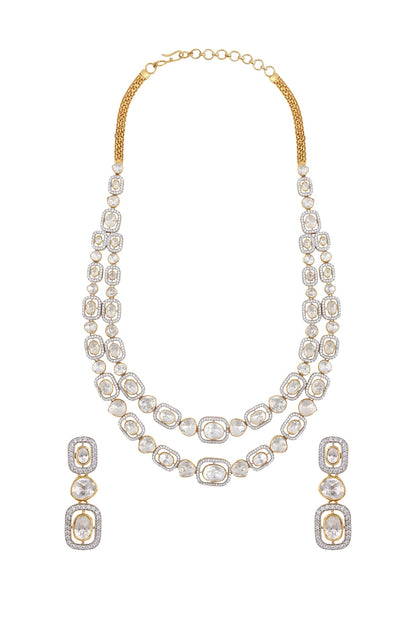 Gold Finish Diamond Double Line Necklace Set In Sterling Silver