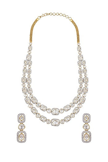 Gold Finish Diamond Double Line Necklace Set In Sterling Silver