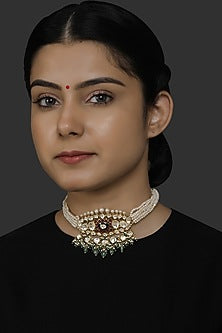 Gold Finish Kundan Polki Choker Necklace In Sterling Silver