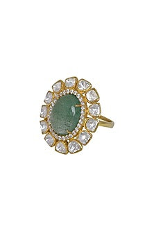 Gold Finish Kundan Polki Ring In Sterling Silver