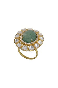 Gold Finish Kundan Polki Ring In Sterling Silver