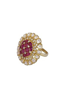 Gold Finish Ruby Checkered Ring In Sterling Silver