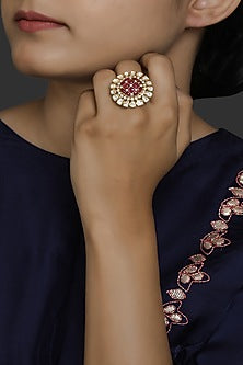 Gold Finish Ruby Checkered Ring In Sterling Silver