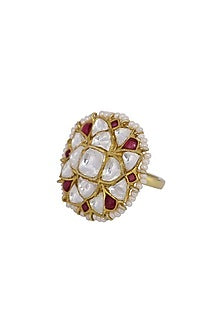 Gold Finish Kundan Polki & Ruby Ring In Sterling Silver