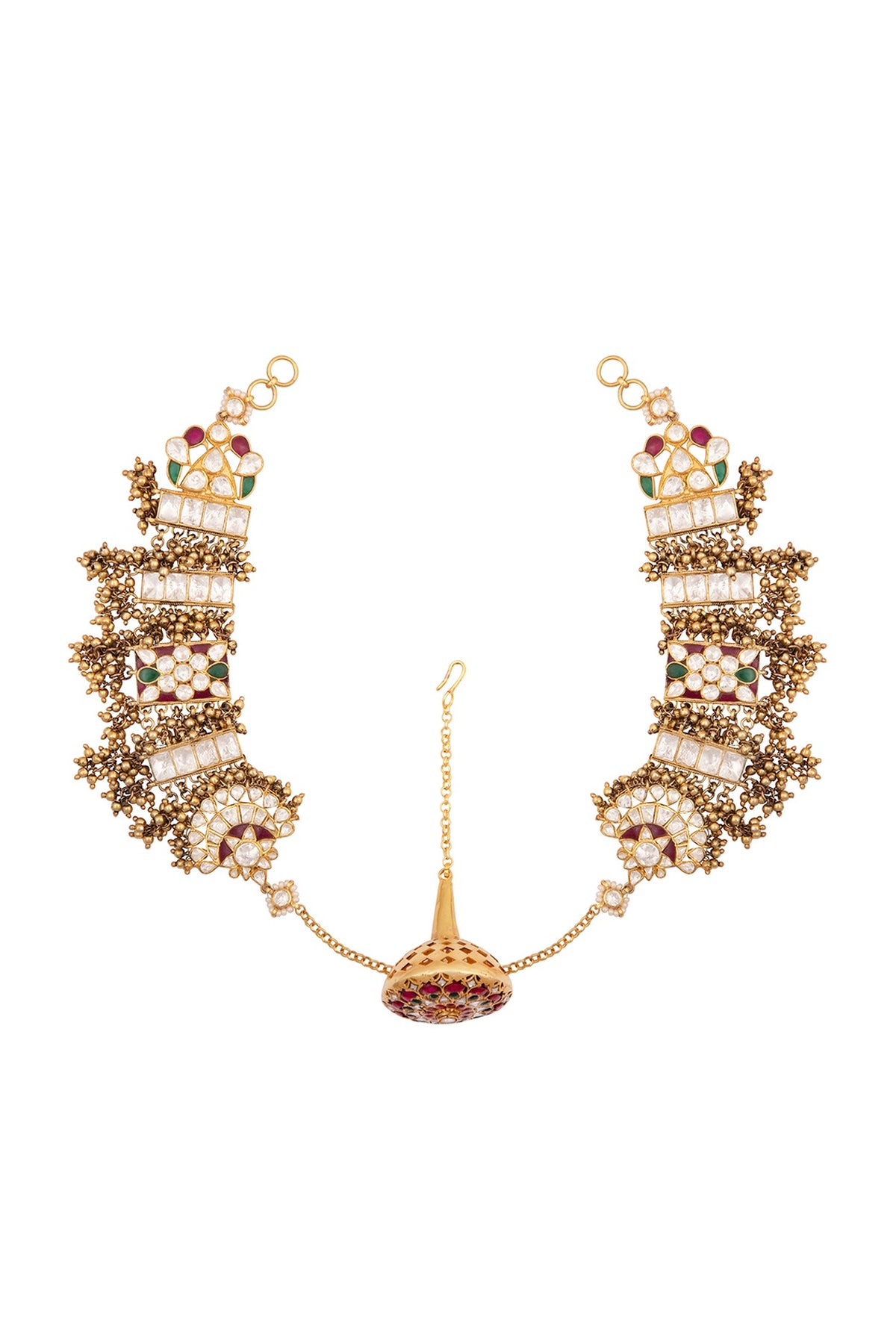 Gold Finish Kundan Polki Mathapatti In Sterling Silver