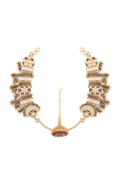 Gold Finish Kundan Polki Mathapatti In Sterling Silver